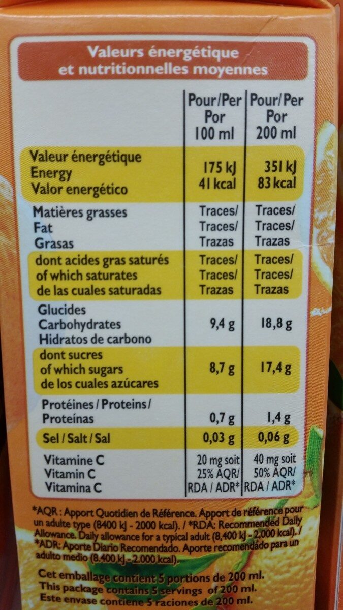 100 % jus d'orange - Tableau nutritionnel - fr
