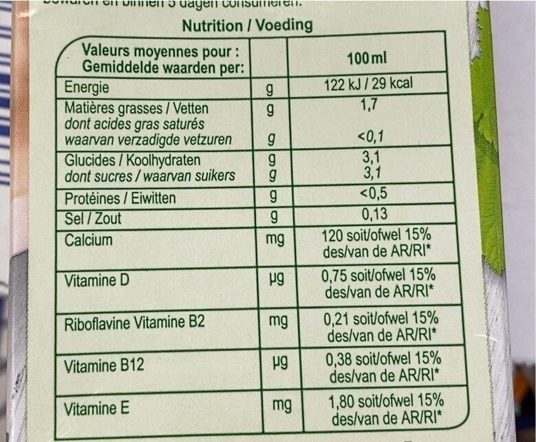 Noisette végétal - Tableau nutritionnel - fr